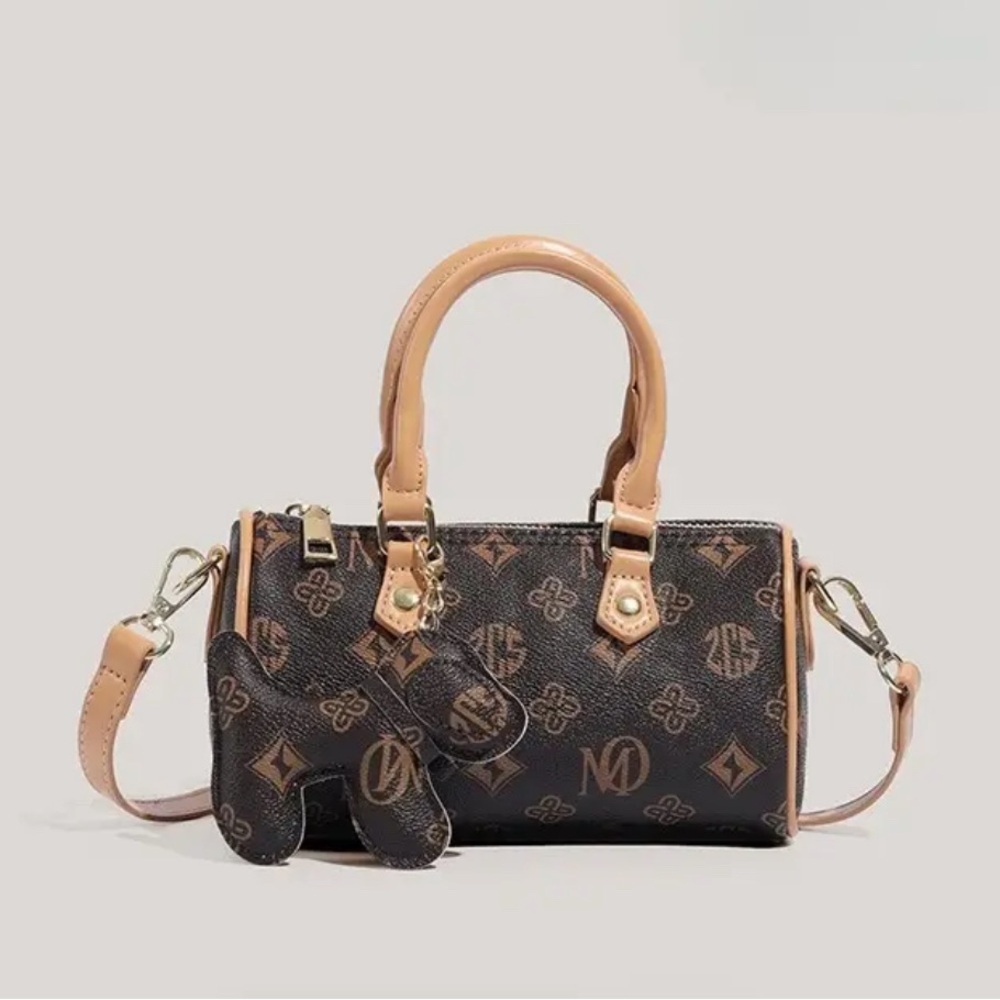 Brown Monogram Barrel Bag Designer Inspired with Puppy Charm & Golden-Tone NIP - Picture 2 of 13